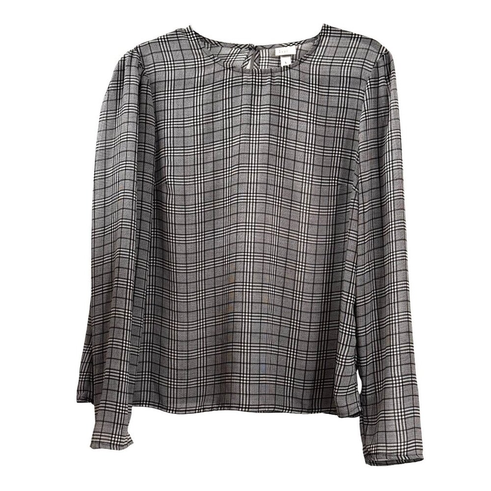 A New Day Womens Black & White Plaid Long Sleeve Blouse Size L